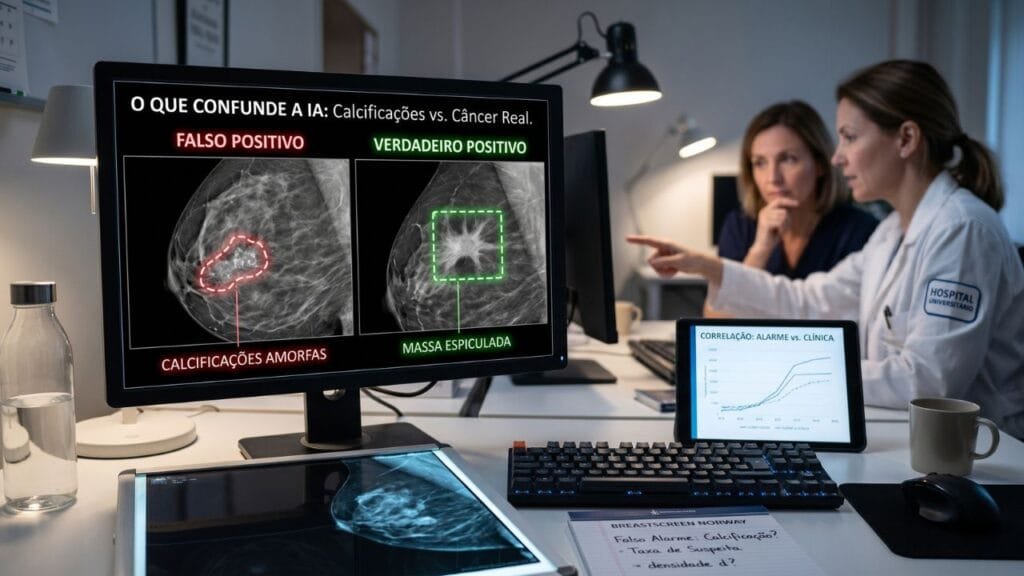 Radiologista analisando mamografias com IA para detecção de câncer de mama - falso positivo vs verdadeiro positivo