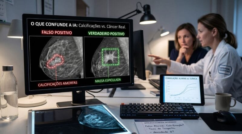 Radiologista analisando mamografias com IA para detecção de câncer de mama - falso positivo vs verdadeiro positivo