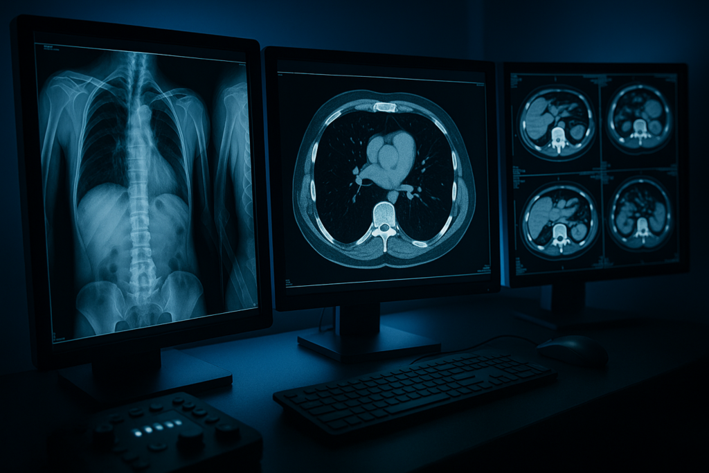 Radiologista redigindo laudo médico — pesquisa CBR 2026 sobre qualidade dos laudos radiológicos